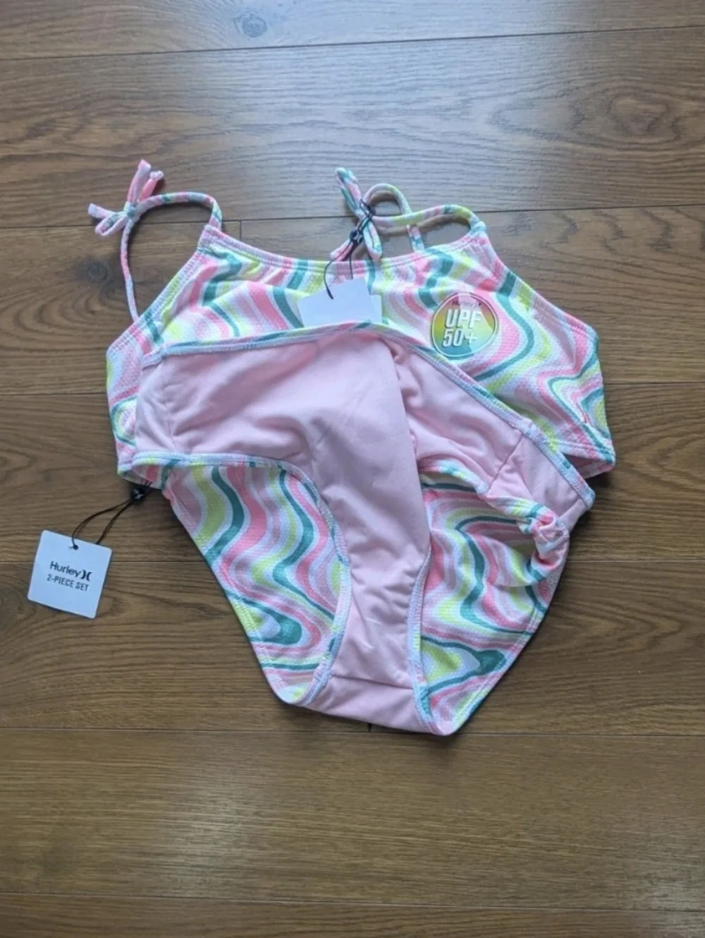 Hurley Girls Honeycomb Bandeau Bikini Set Pink Green White Size 16 NWT